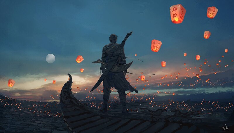 Warrior on a Rooftop — Blue