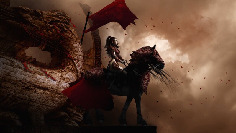 Warrior on Armored Horse — Red