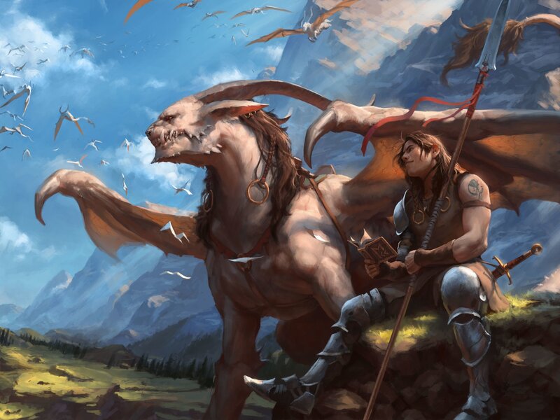 Warrior on Dragon — Blue, Dramatic, Afternoon