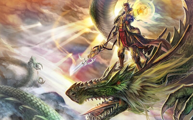 Warrior on Dragon — Green, Dramatic, Digital Art