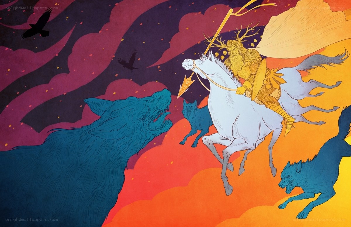 Warrior on horseback battles wolves