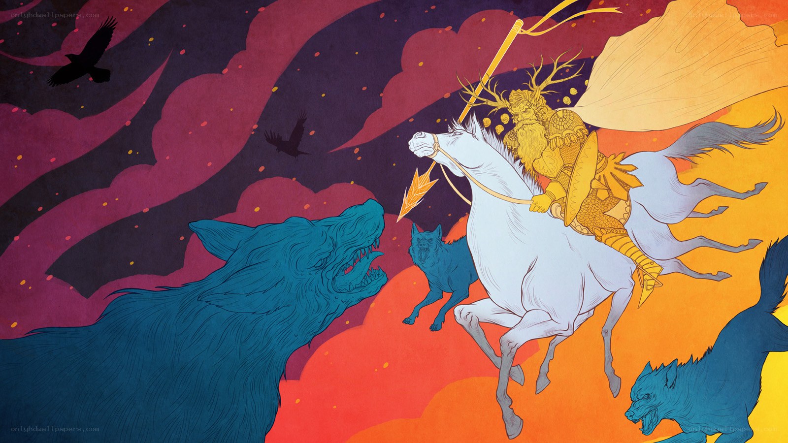Warrior on horseback battles wolves
