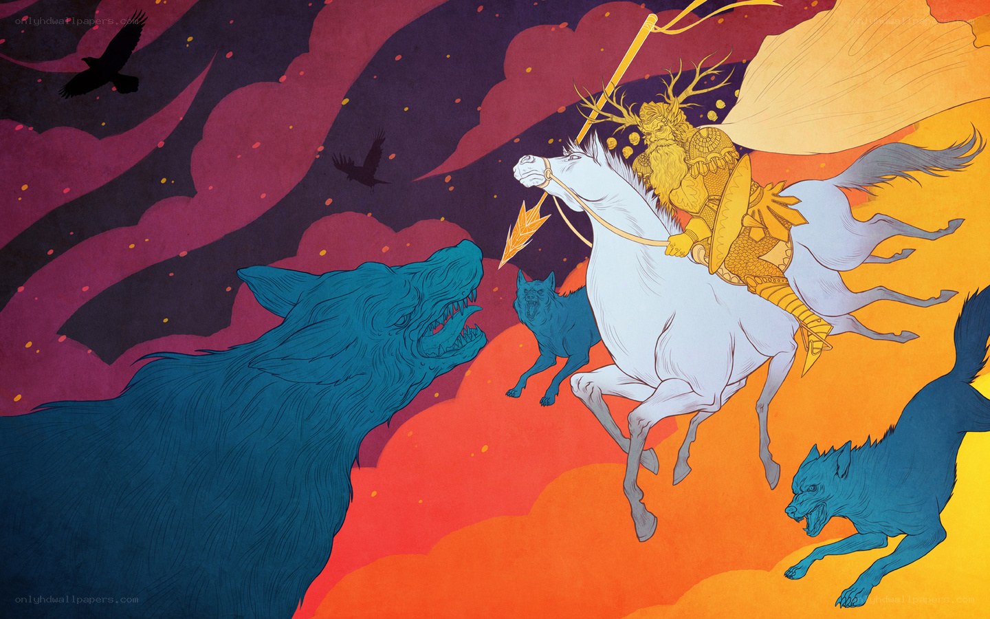Warrior on horseback battles wolves