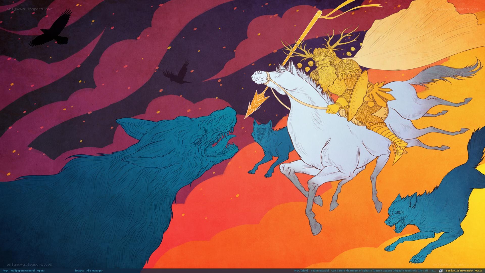 warrior on horseback battles wolves