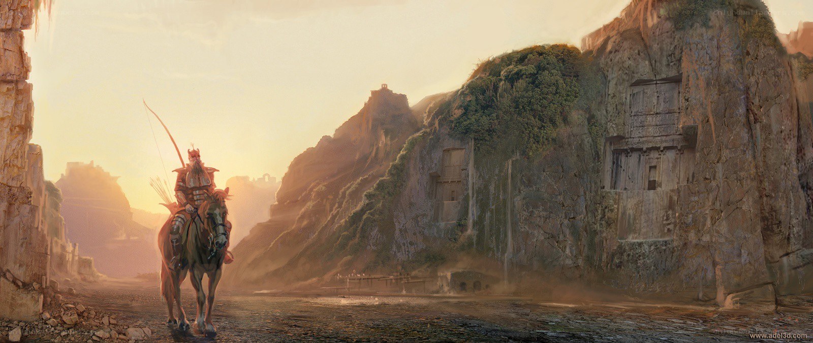Warrior on horseback in ancient valley