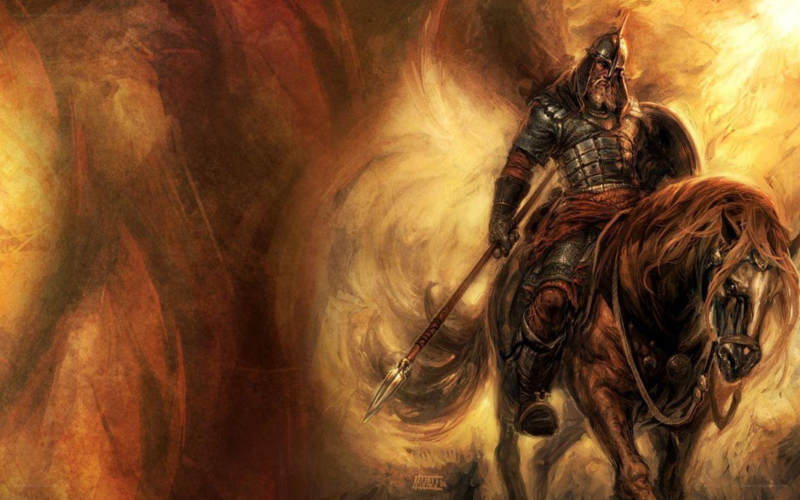 warrior on horseback in fire