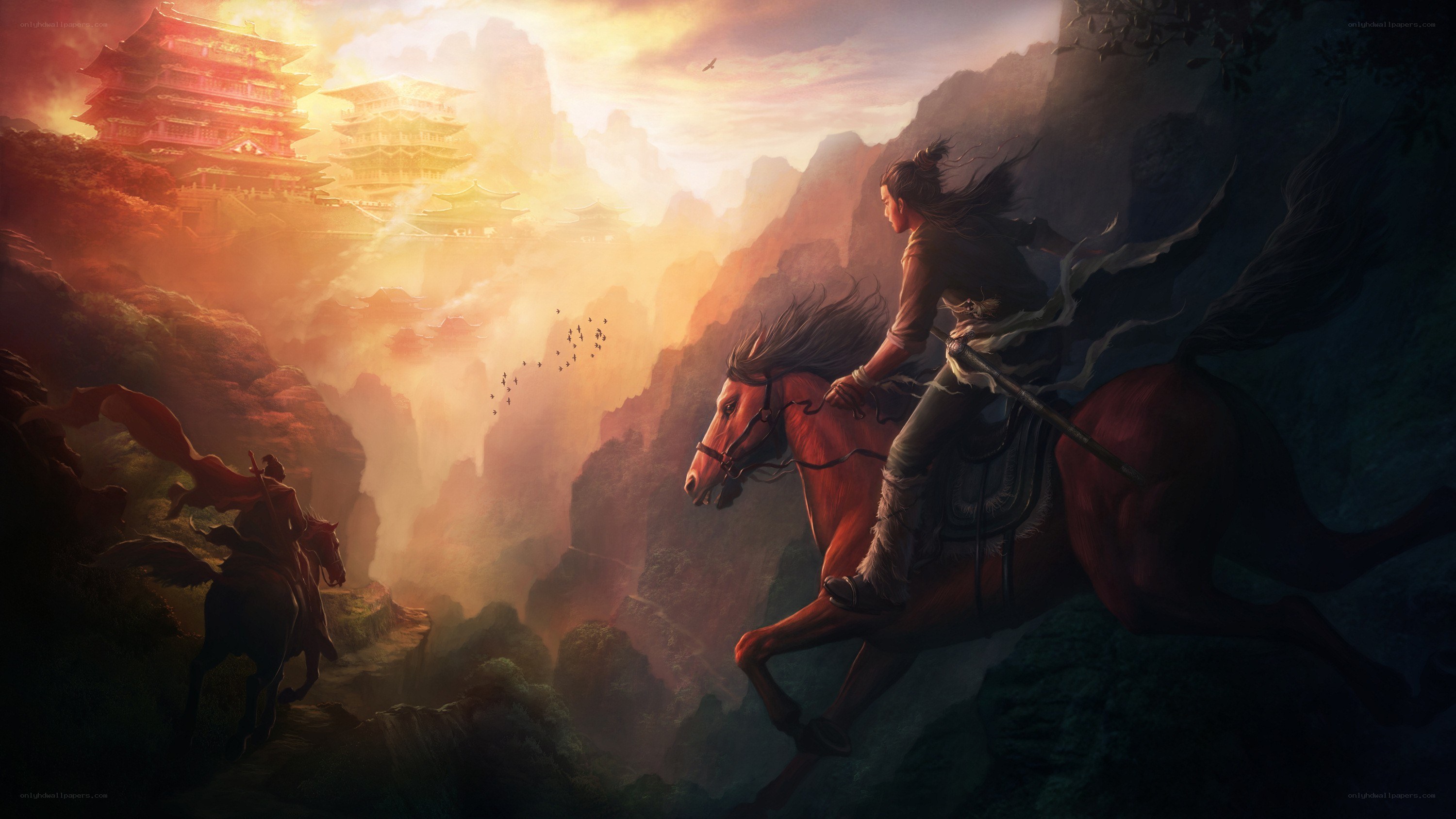 Warrior on horseback in mountain pass