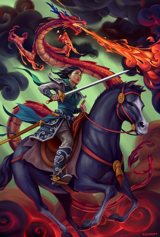 Warrior on Horseback — Red, Dramatic, Digital Art, Dragon