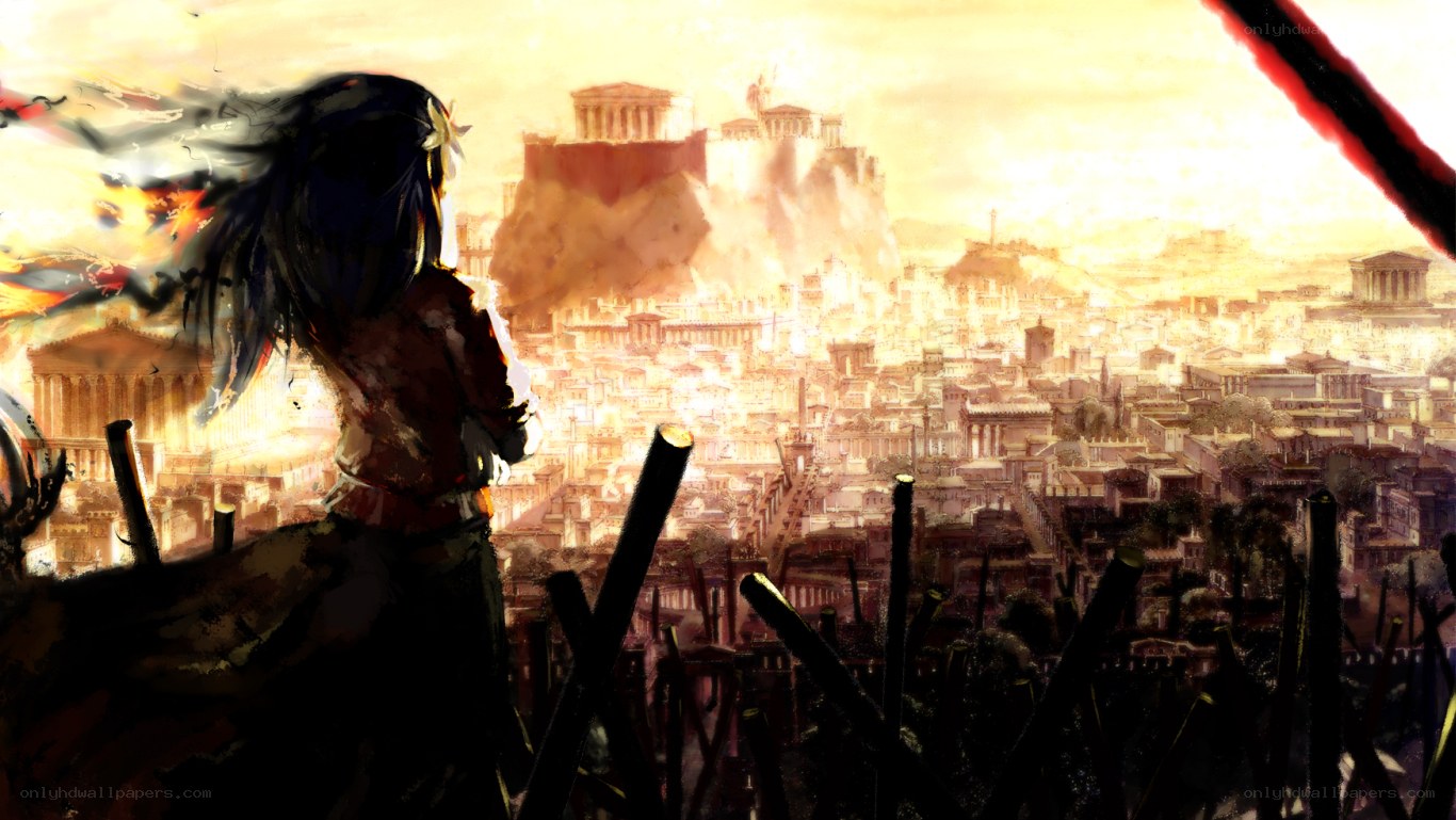 Warrior overlooking a burning city