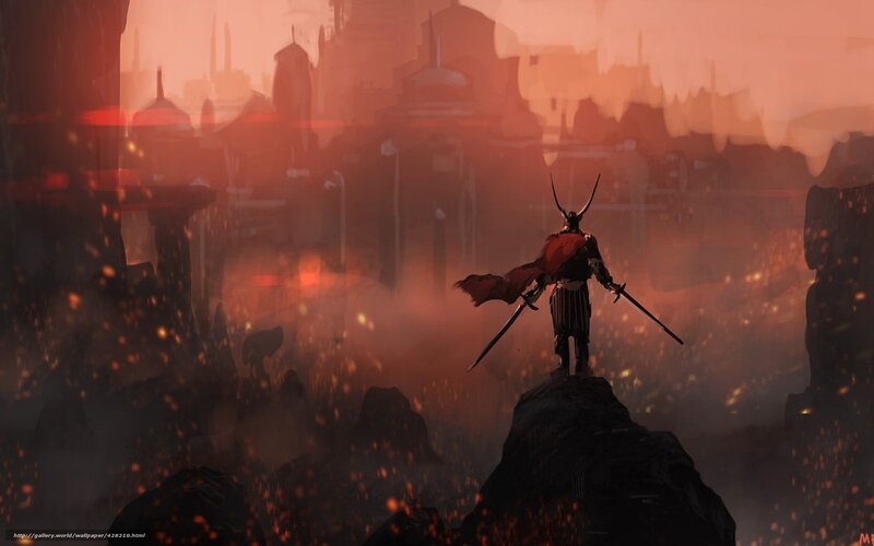 warrior overlooking a burning city