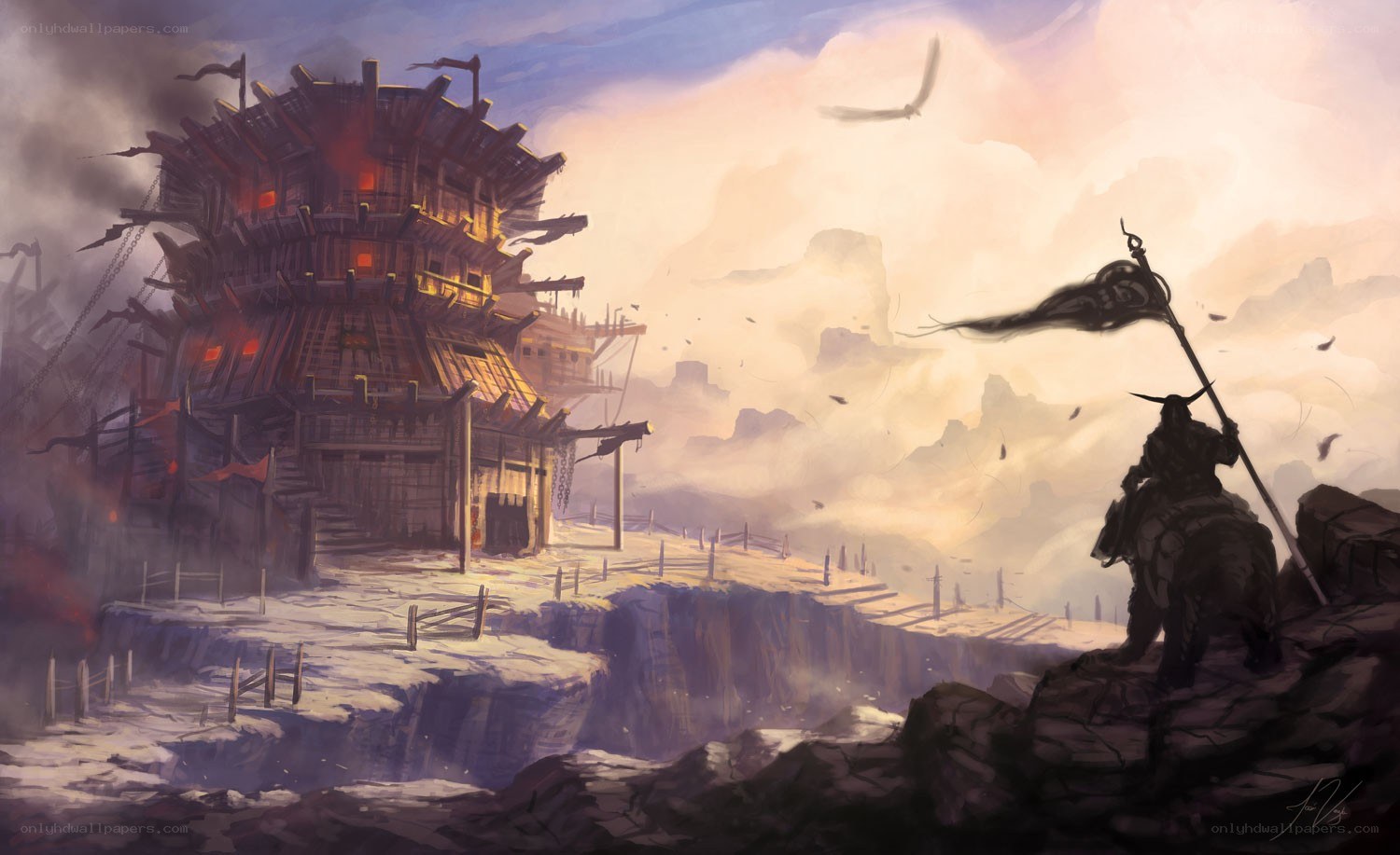 Warrior overlooking a burning fortress