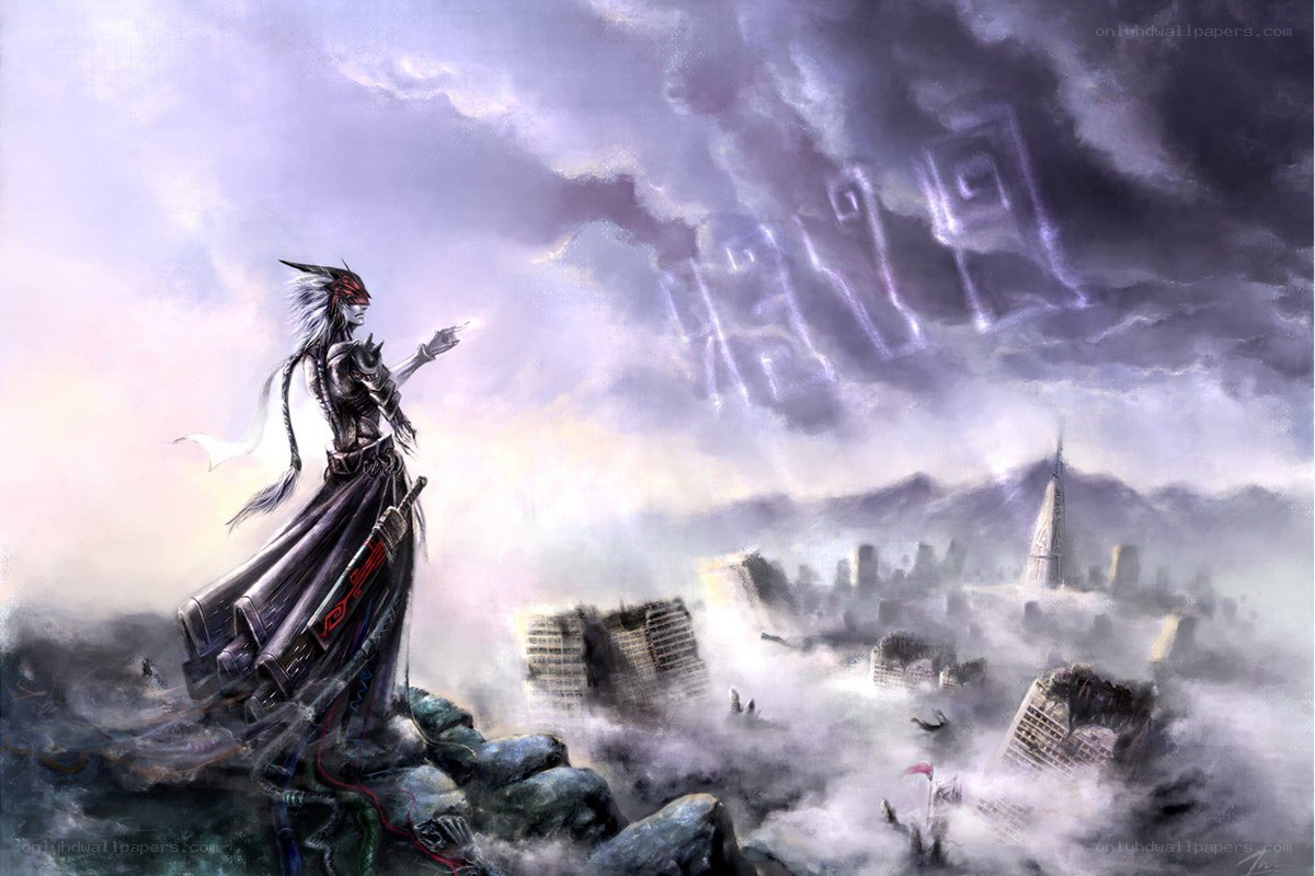 warrior overlooking a ruined city