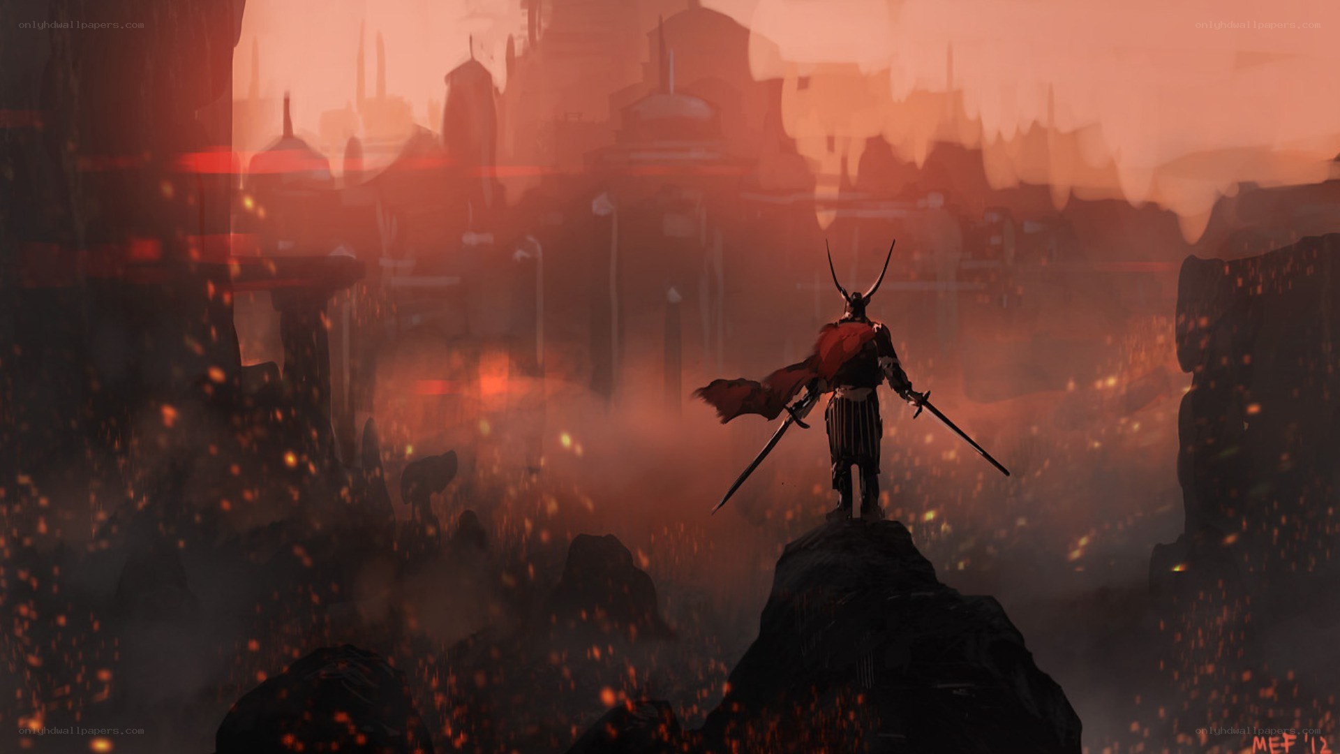 warrior overlooking a ruined city