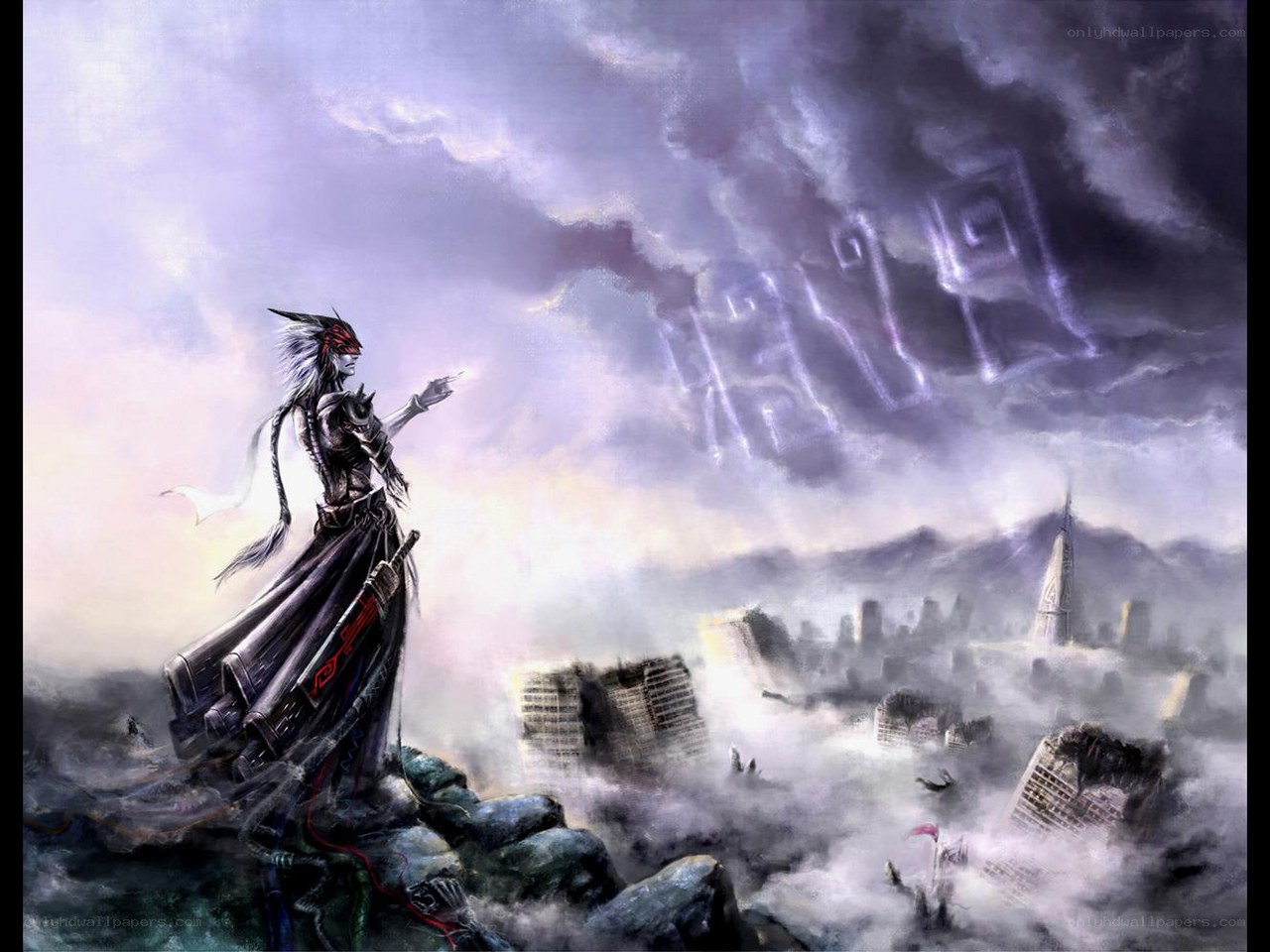 Warrior overlooking a ruined city