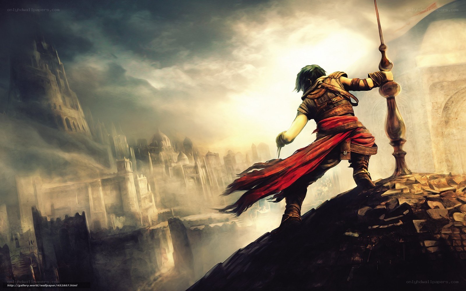 warrior overlooking a ruined city