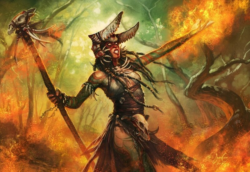 Warrior priestess casting fire spell