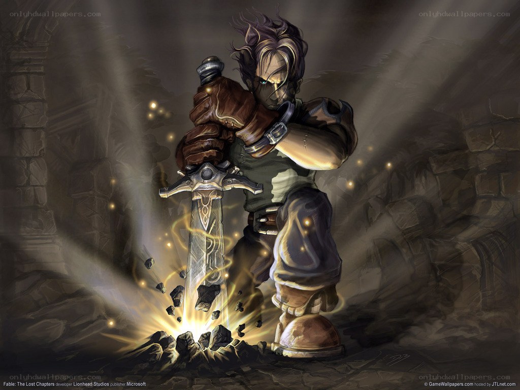 Warrior pulling sword from stone