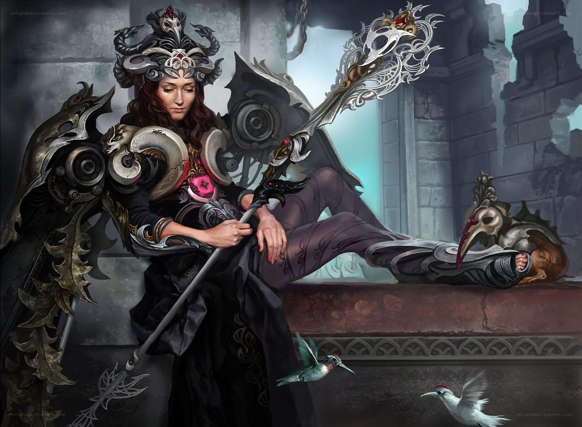 Warrior queen in ruined temple