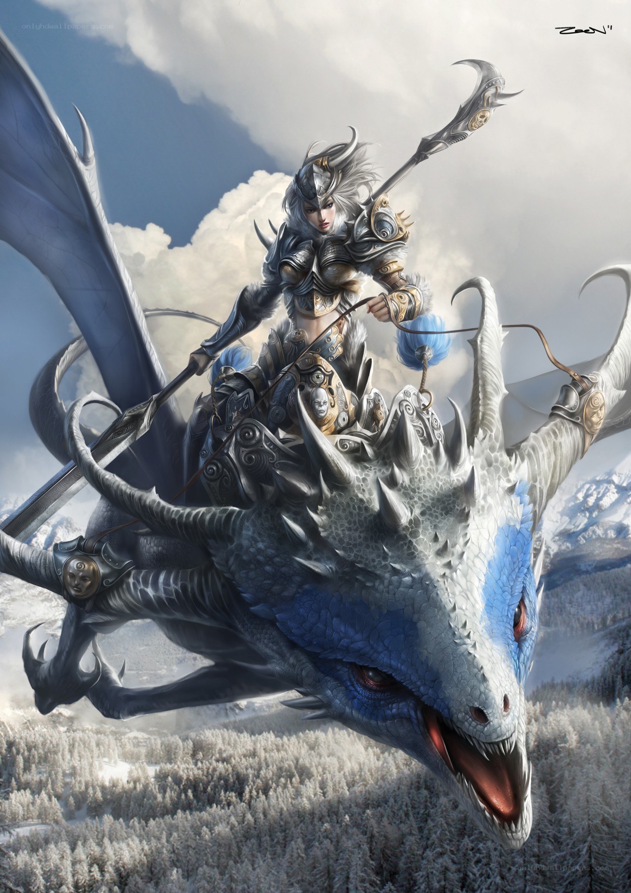 warrior riding a blue dragon