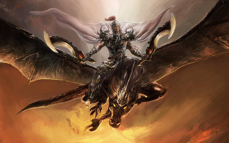 Warrior Riding a Dragon — Brown, Dramatic
