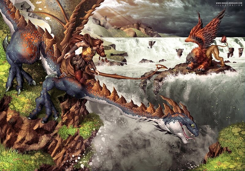 Warrior Riding Dragon — Blue, Dramatic