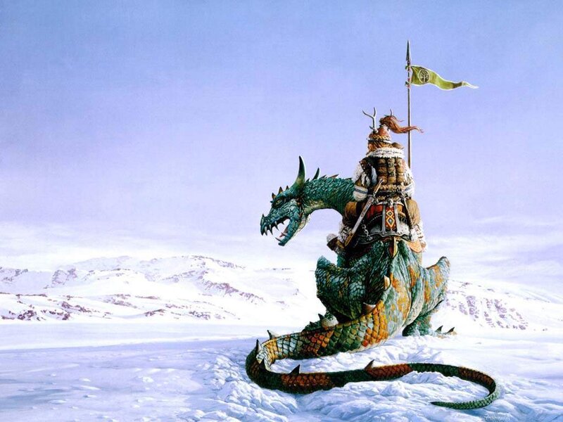 Warrior Riding Dragon — White, Dramatic