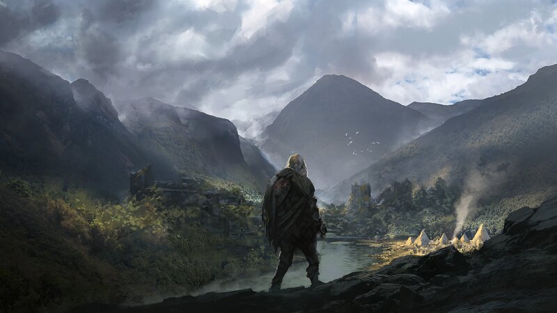 Warrior Standing on Cliff — Gray, Dramatic