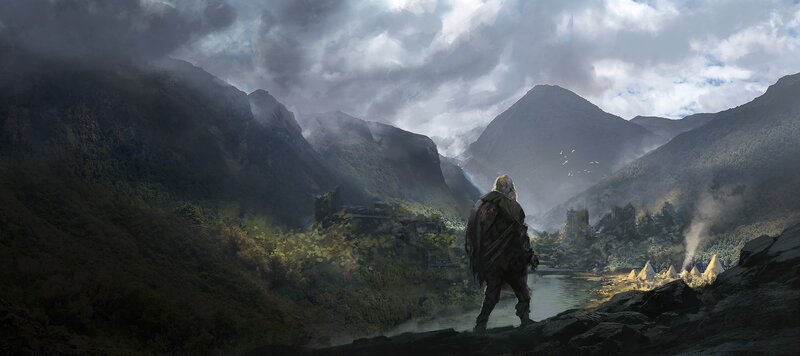 Warrior Standing on Cliff — Gray