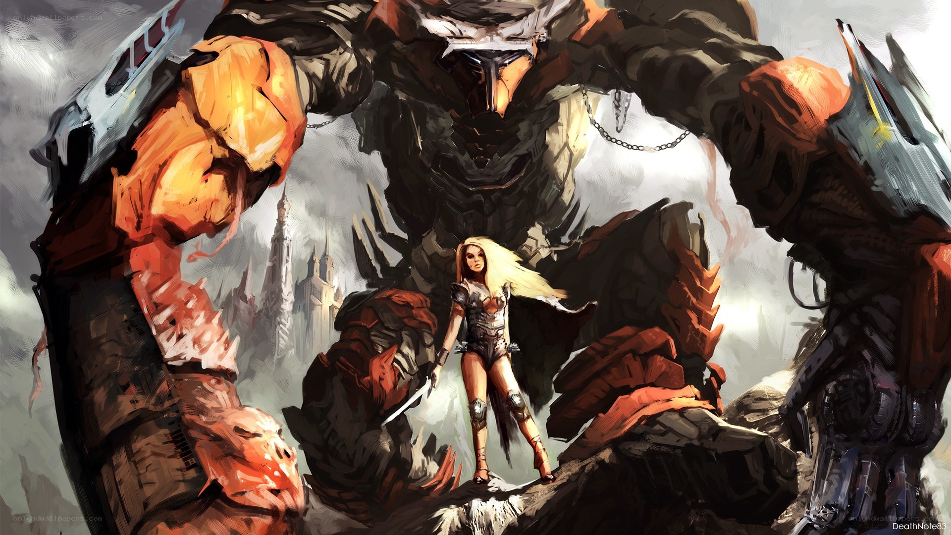 warrior stands before giant robot