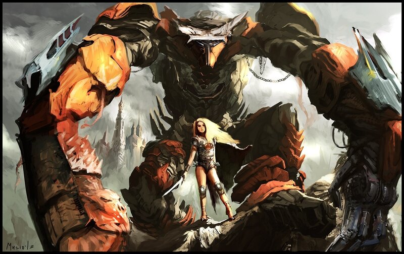 warrior stands before giant robot