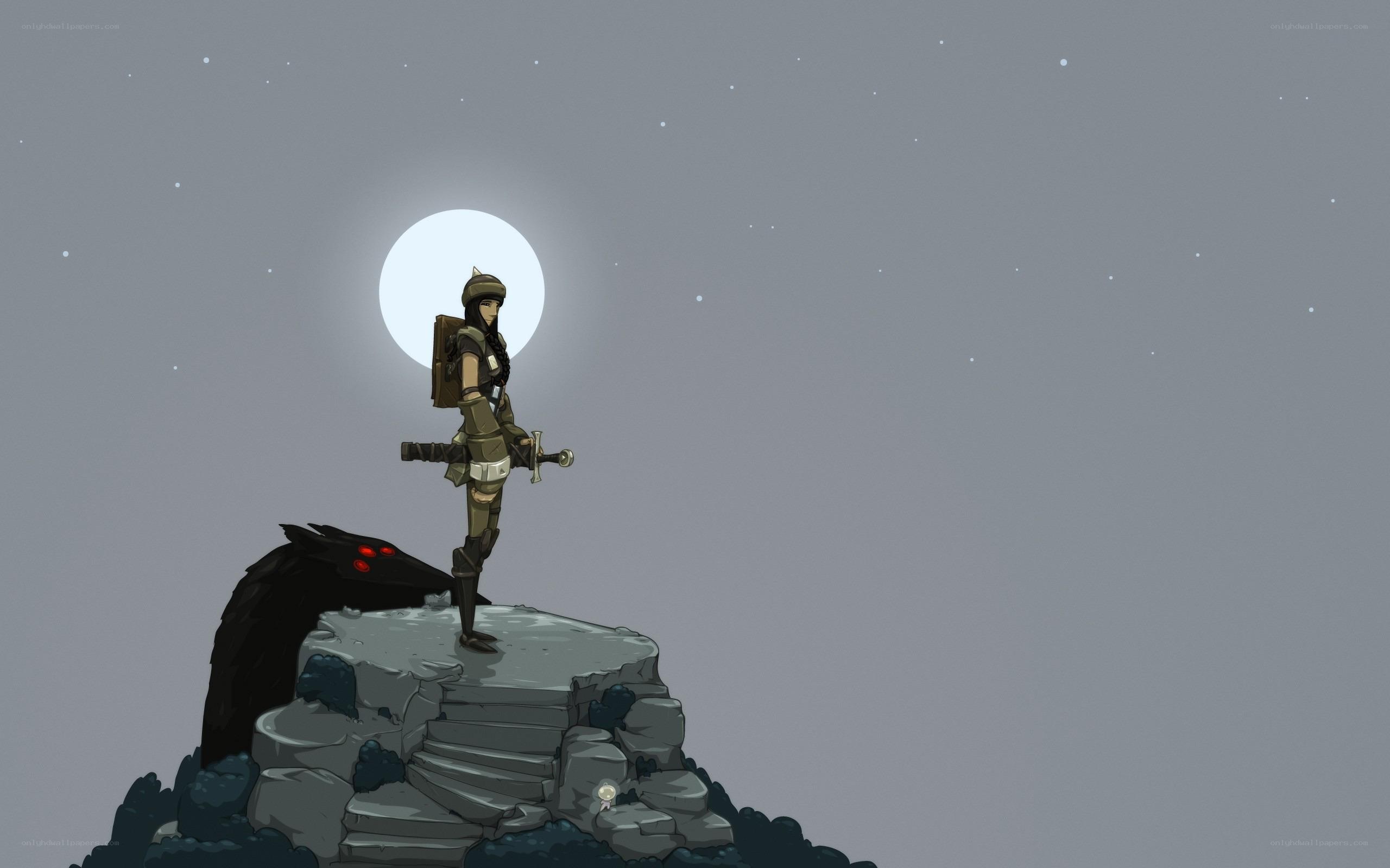warrior stands on cliff at night