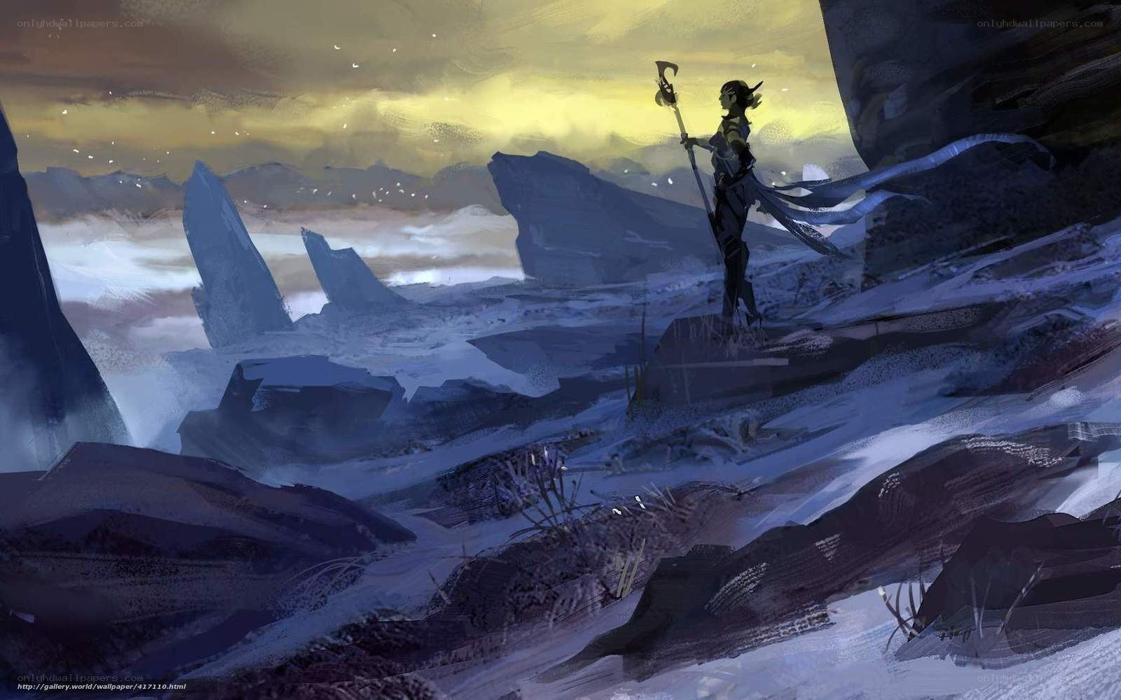 Warrior stands on rocky cliff