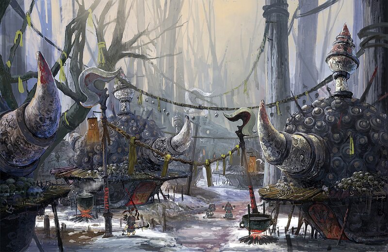 Warrior village in a misty forest