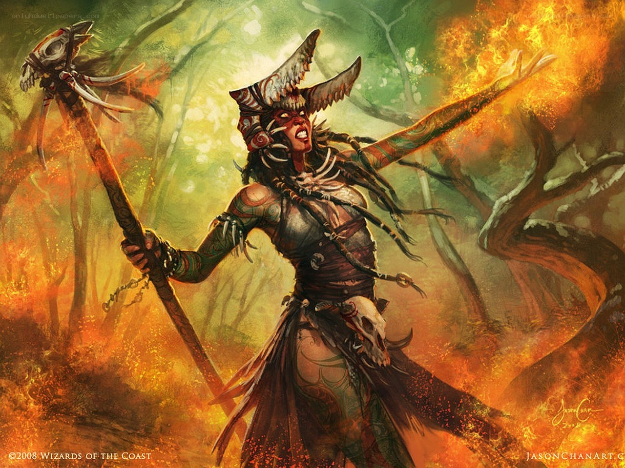 Warrior witch in a fiery forest