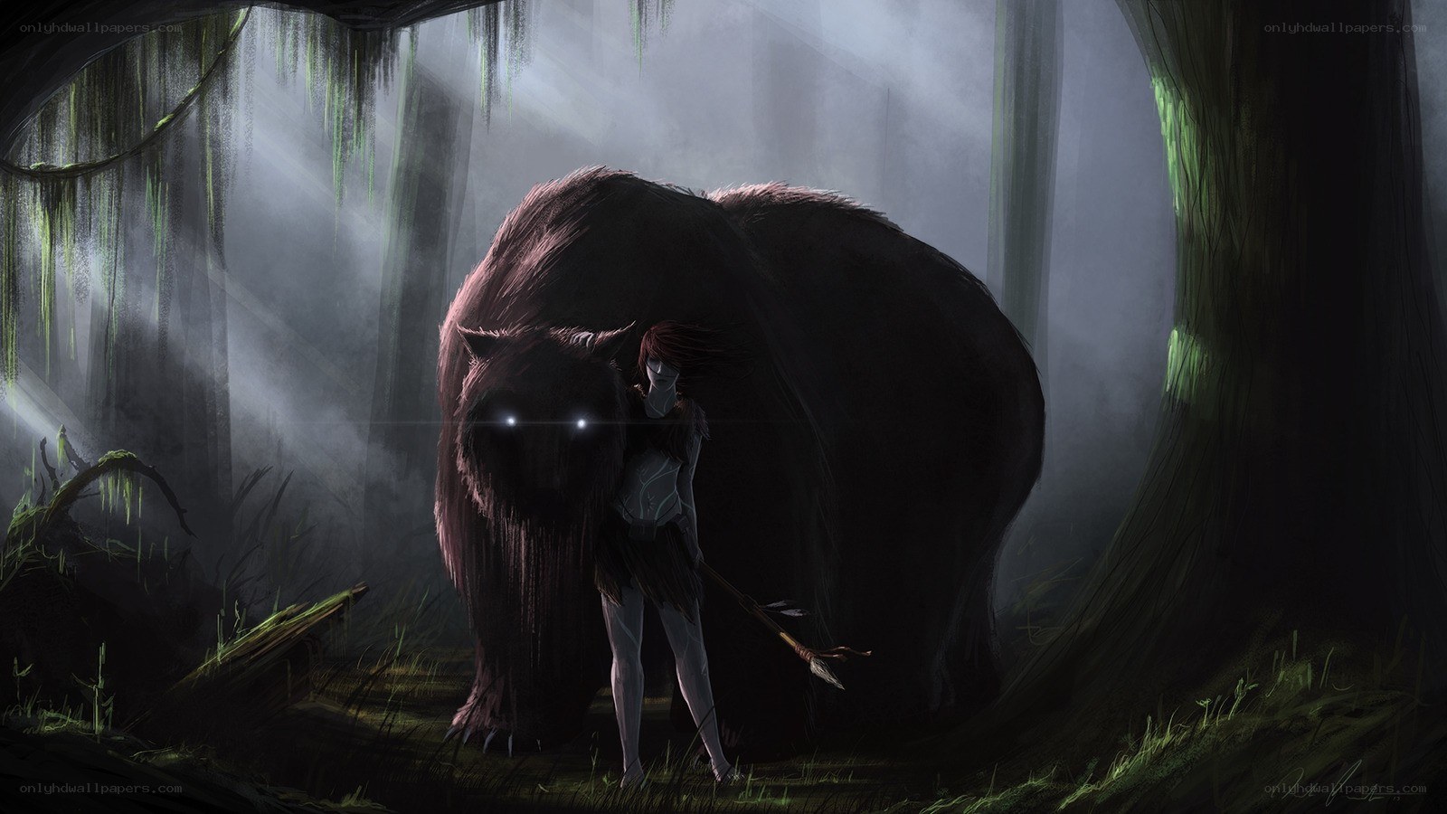 Warrior with a bear in the forest