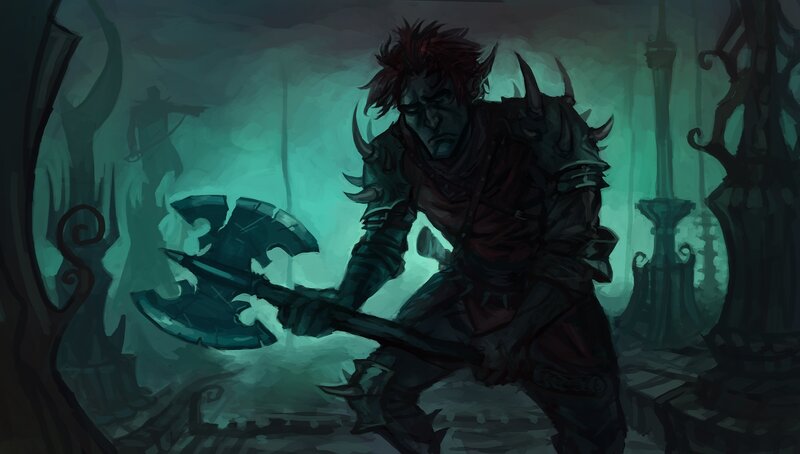 warrior with axe in dark dungeon