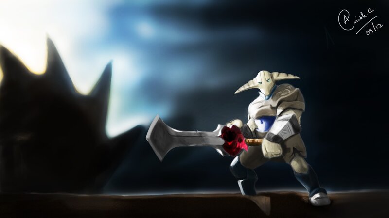 warrior with axe in dark landscape