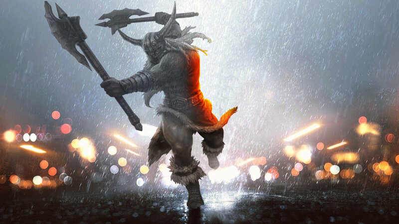 Warrior with Axe in Rain