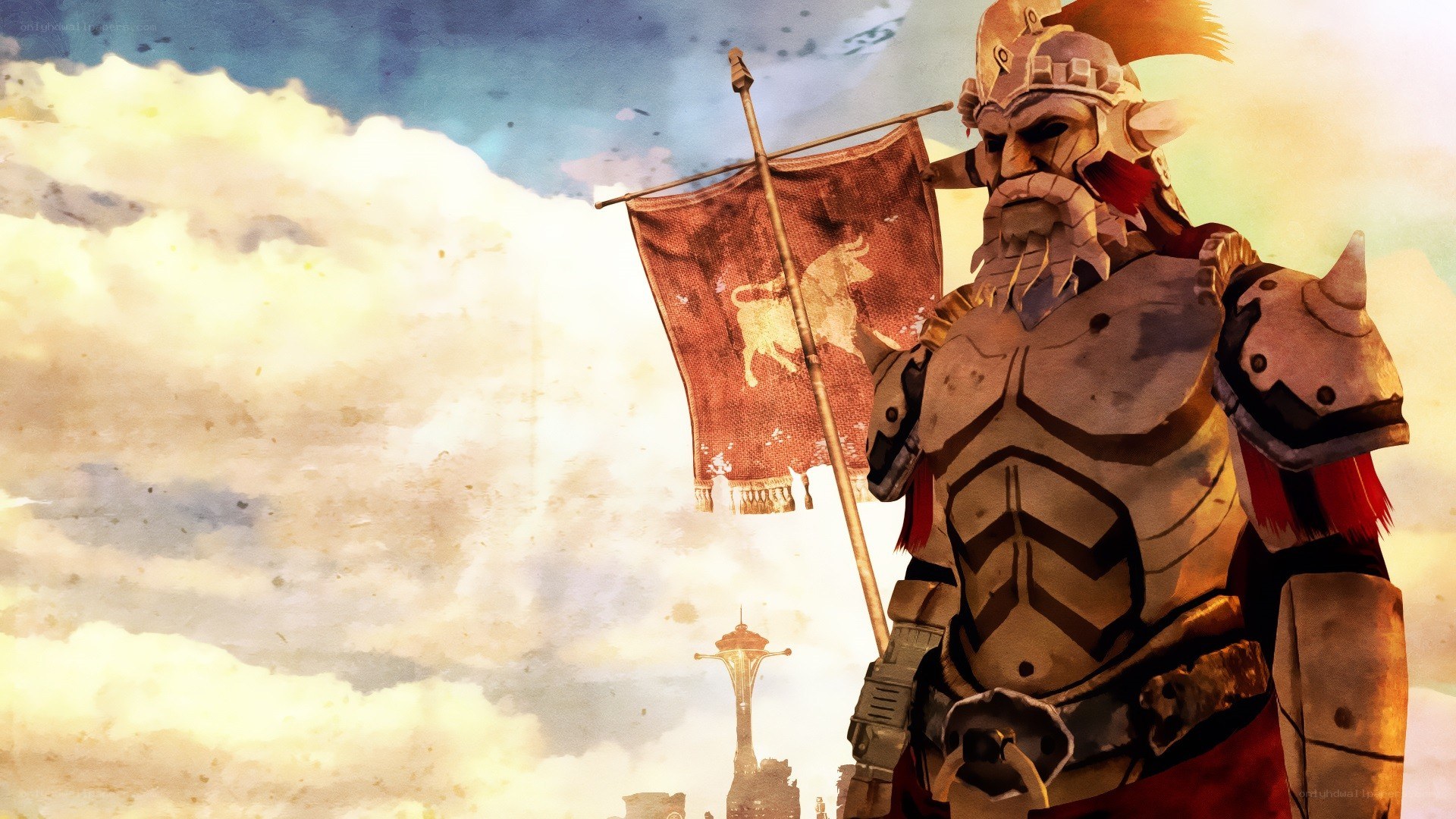 warrior with banner in sky