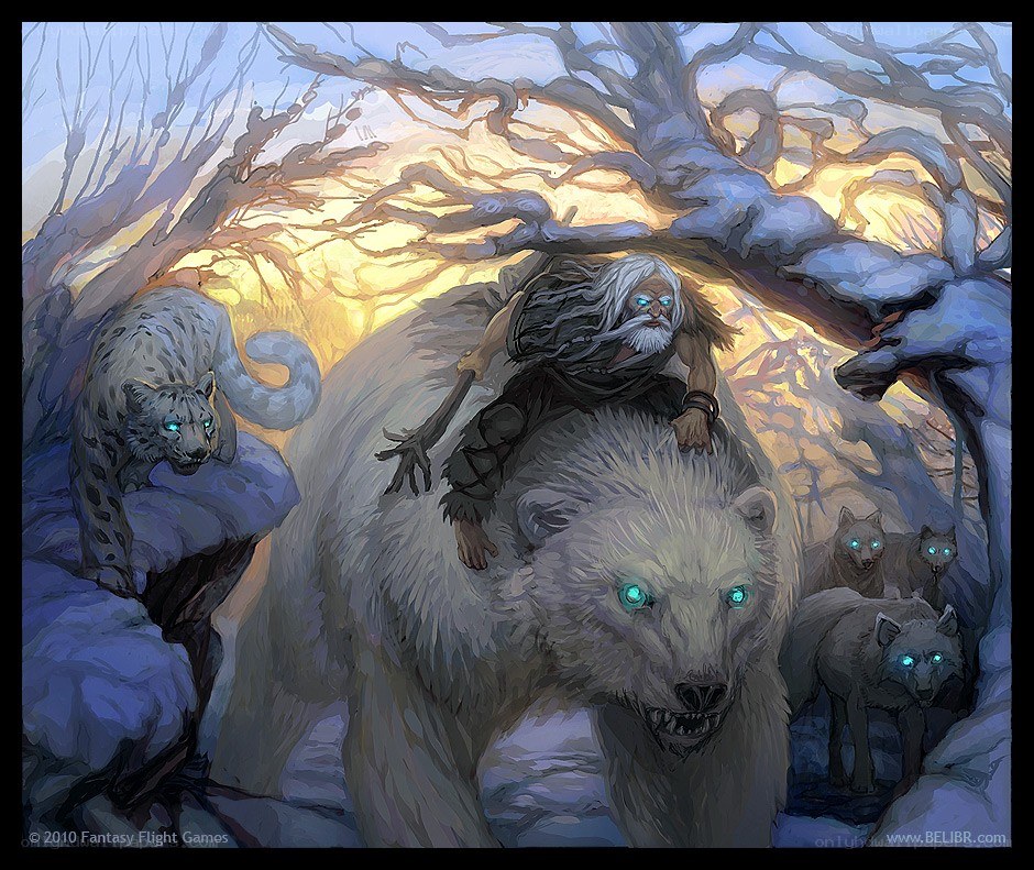 Warrior with beasts in snowy forest