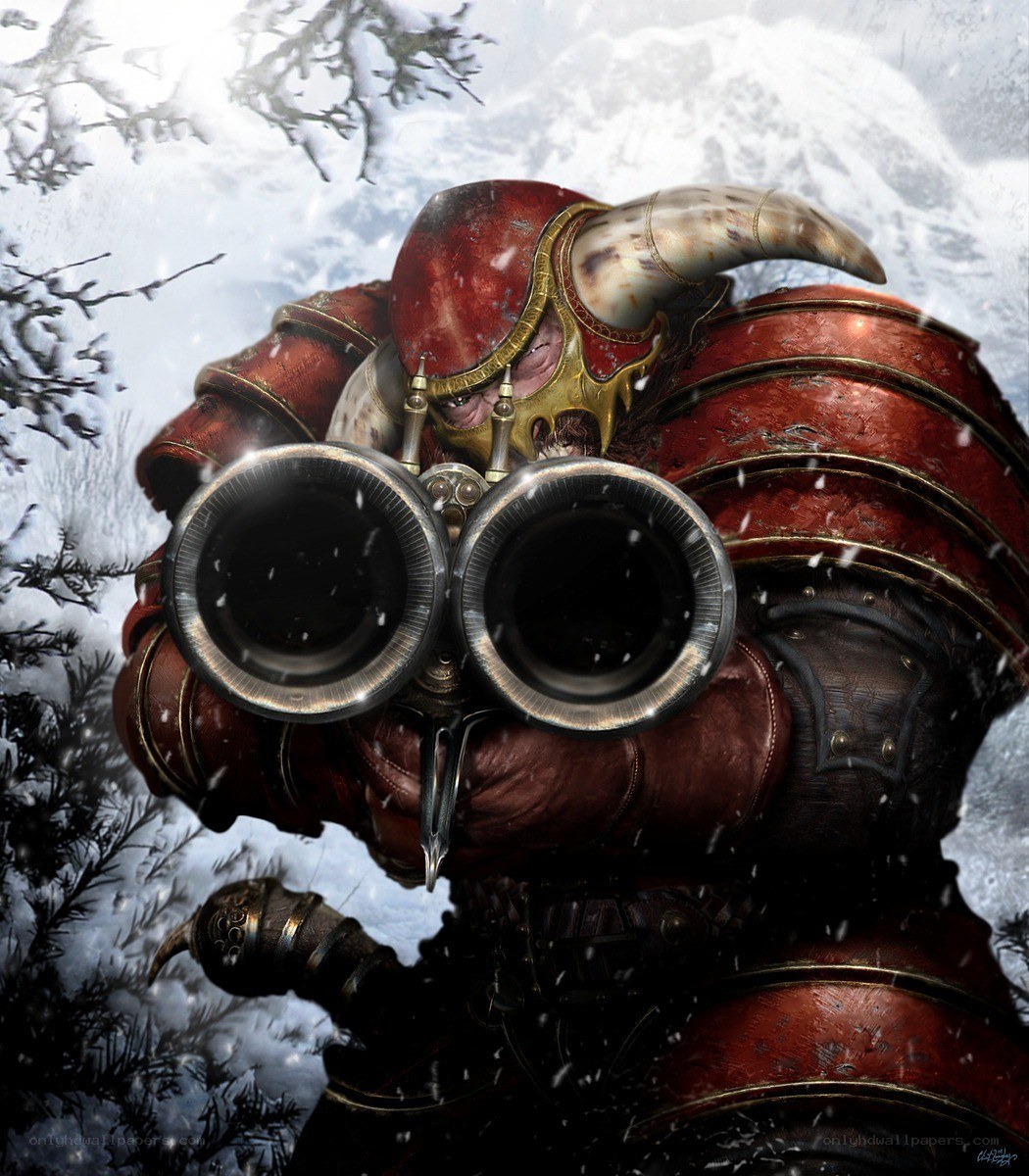 warrior with binoculars in snow