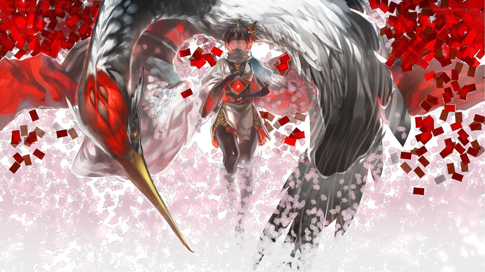 warrior with crane and cherry blossoms