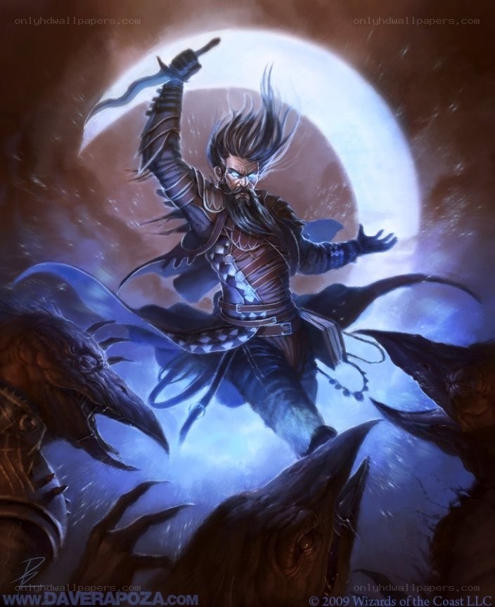Warrior with crows under moon