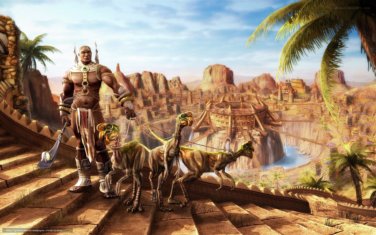 Warrior with dinosaurs in ancient city