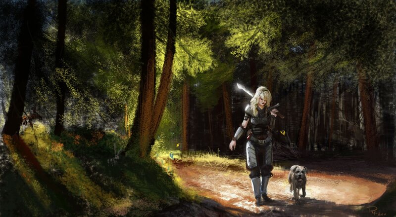 Warrior with dog in forest