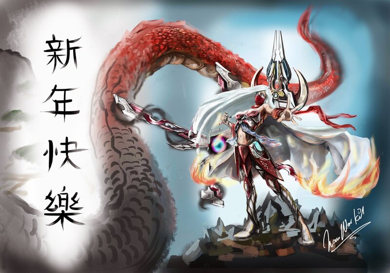 Warrior with Dragon and New Year Greeting