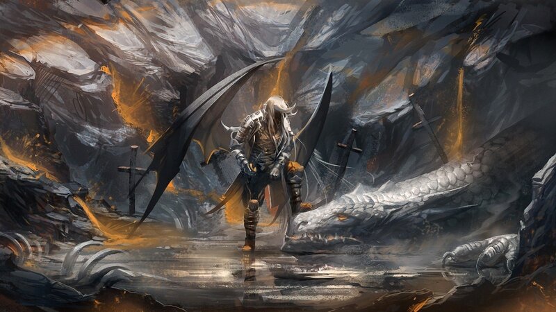 Warrior with Dragon — Gray, Dramatic, Digital Art