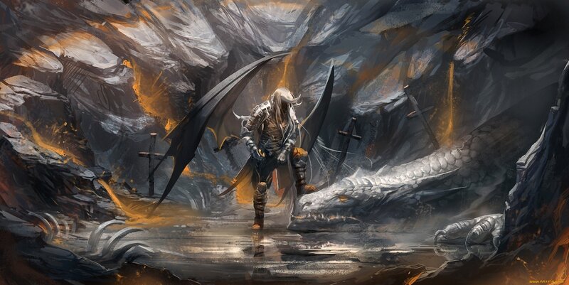 Warrior with Dragon — Gray, Dramatic