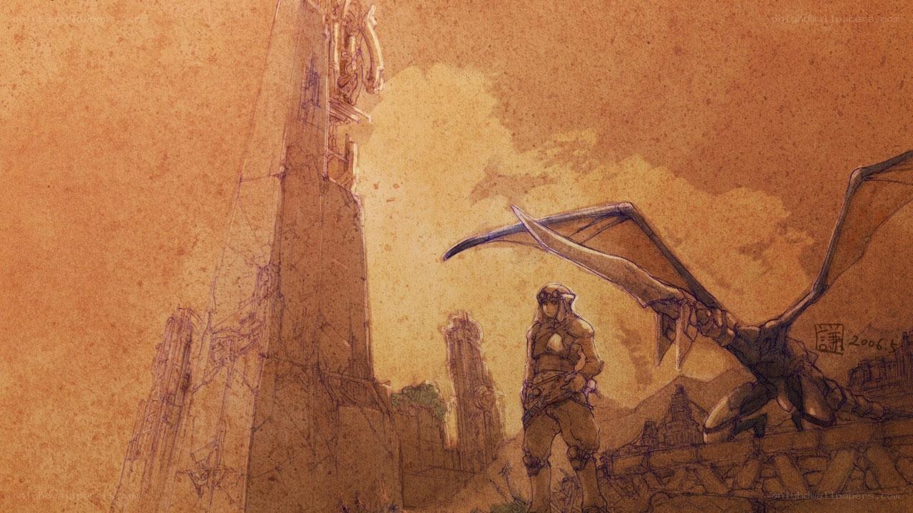 warrior with dragon in ruins