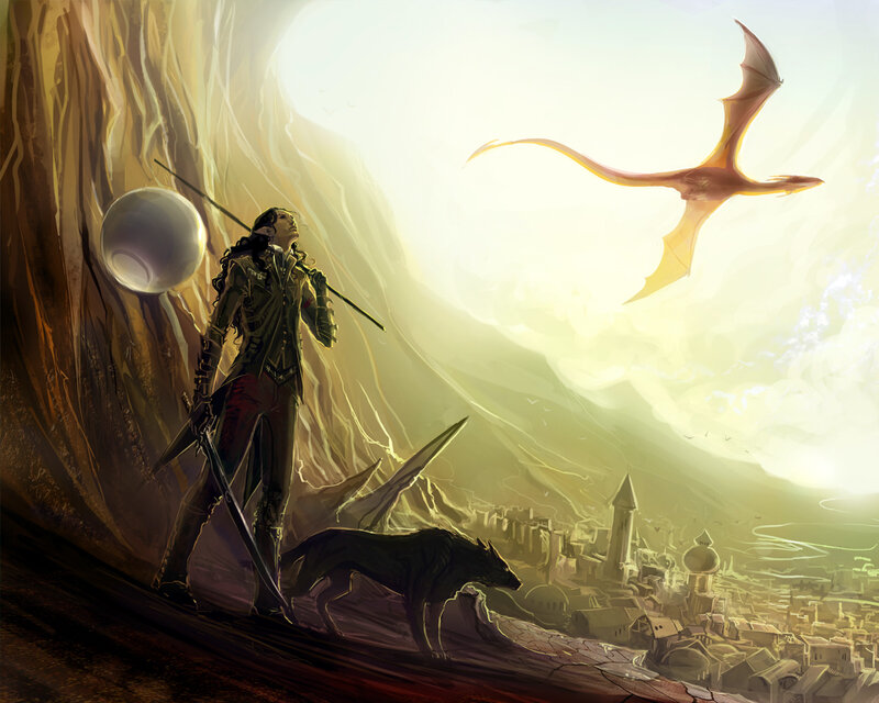 Warrior with dragon in sky